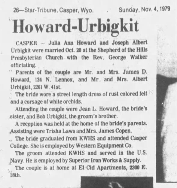 Joe Urbigkit - Wedding Casper Star Tribune - Nov 4, 1979